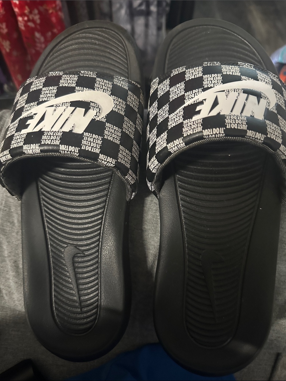 Nike Black and White Checker Logo Slide Sandals